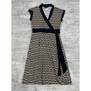 A-List by Wrapper Dress Womens L Black Tan Geometric Floral Faux Wrap Cap Sleeve
